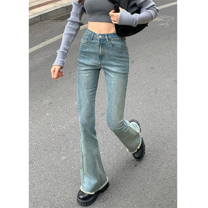 Põlevad teksad Naine kõrge vöökohaga teksapüksid naistele Sinised elastsed kitsad mood Klassikalised vaba aja laia säärega püksid naiste teksad