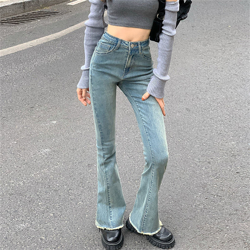 Põlevad teksad Naine kõrge vöökohaga teksapüksid naistele Sinised elastsed kitsad mood Klassikalised vaba aja laia säärega püksid naiste teksad