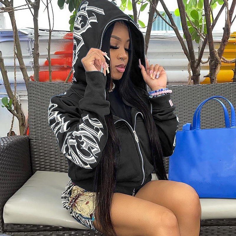 Γυναικείες μπλούζες με φερμουάρ με κουκούλα streetwear με στάμπα μακρυμάνικα φούτερ Gothic Punk Y2k Φθινοπωρινά χειμερινά γυναικεία μπουφάν με κουκούλα
