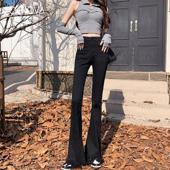 ZOENOVA 2023 New Y2K Lady Harajuku High Strecth Irregular Tassel Hems Flare Pants Дамски панталони с висока талия Ретро сини черни