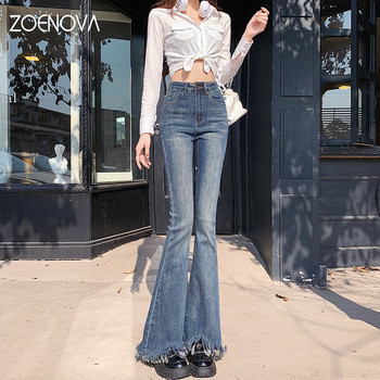 ZOENOVA 2023 New Y2K Lady Harajuku High Strecth Irregular Tassel Hems Flare Pants Дамски панталони с висока талия Ретро сини черни