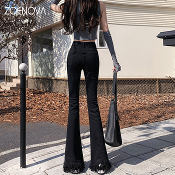 ZOENOVA 2023 New Y2K Lady Harajuku High Strecth Irregular Tassel Hems Flare Pants Дамски панталони с висока талия Ретро сини черни