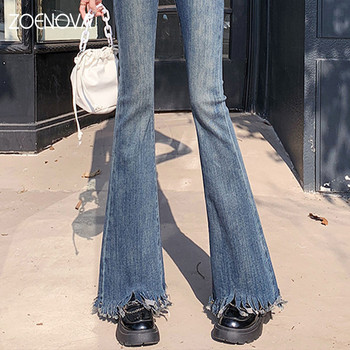 ZOENOVA 2023 New Y2K Lady Harajuku High Strecth Irregular Tassel Hems Flare Pants Дамски панталони с висока талия Ретро сини черни