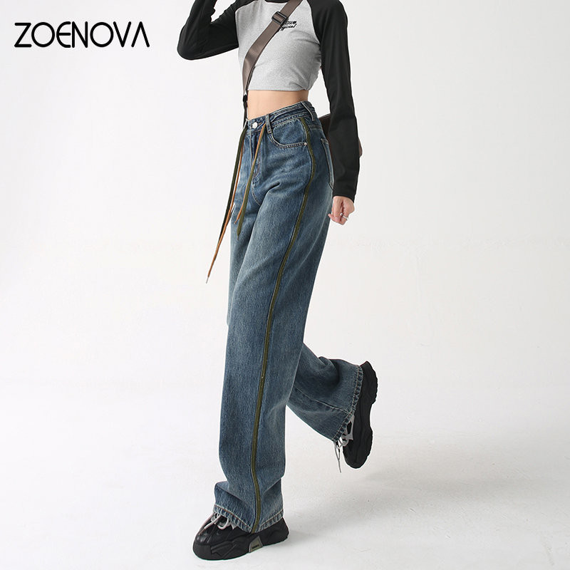 ZOENOVA Y2K 2023 American Retro Straight Tube Φαρδύ παντελόνι στο πόδι Πράσινο δέσιμο με λωρίδες τζιν σε όλο το μήκος Κομψό παντελόνι Streetwear