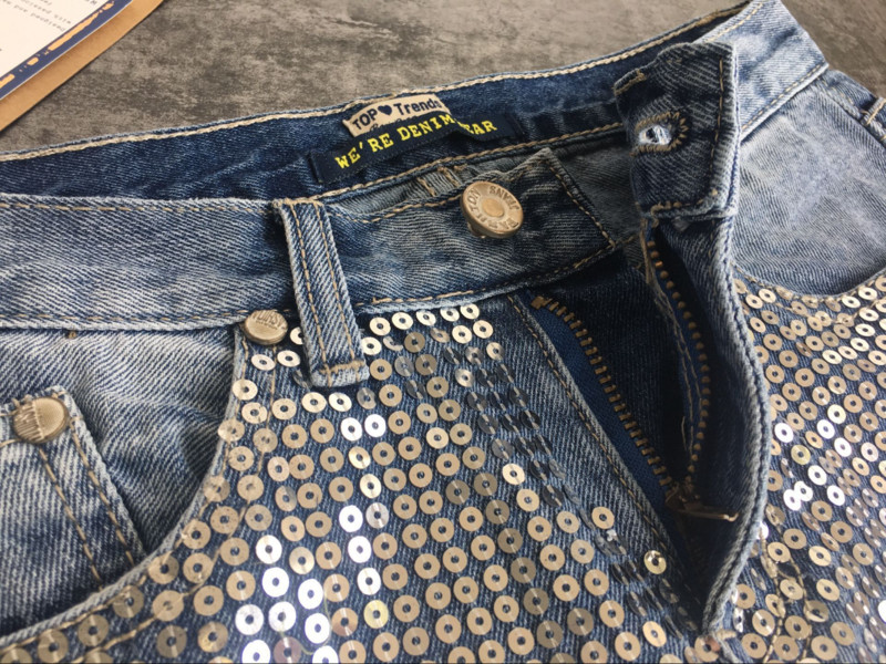 Γυναικεία μεσομεσαία φαρδιά παντελόνια εννέα τετάρτων Δημοφιλείς μεταλλικές κεντημένες χάντρες πλυμένες και φθαρμένες ίσιες χάντρες