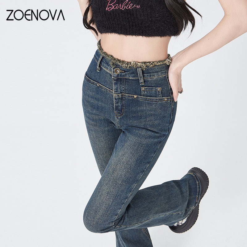 ZOENOVA Ανοιξιάτικο παντελόνι με φουσκωτό ολόσωμο τζιν High Street Γυναικείο Νέο 2023 Μόδα παντελόνι Y2K Καθημερινό καθημερινό παντελόνι ανάγλυφο μαύρο