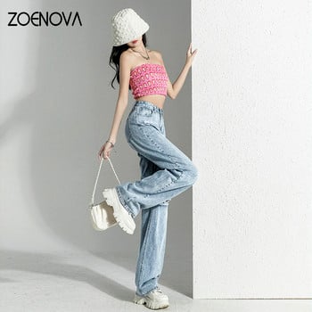 ZOENOVA Ripped Jeans Άνοιξη Φθινόπωρο 2023 Νέα Μόδα ψηλή μέση ίσια σωληνωτή ντραπέ παντελόνι με φαρδύ πόδι Ευέλικτο απλό ρετρό σχέδιο