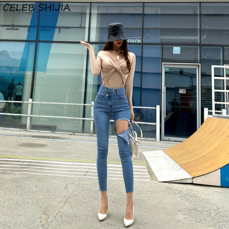 Asymmetry Ripped Jeans Woman Streetwear Ελαστικό ψηλόμεσο τζιν παντελόνι μολύβι Γυναικείο κορεάτικο Skinny τζιν γυναικεία ρούχα