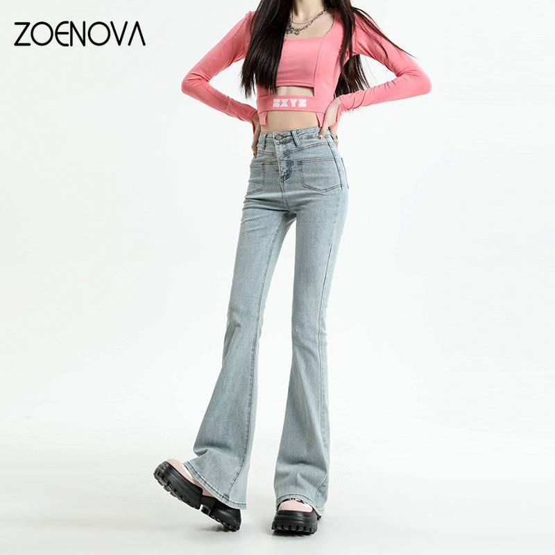 ZOENOVA Y2K 2023 Ψηλόμεση Flare Τζιν Streetwear Skinny Woman's Pants Elastic Force Lady Vintage Chic Design Φαρδύ παντελόνι