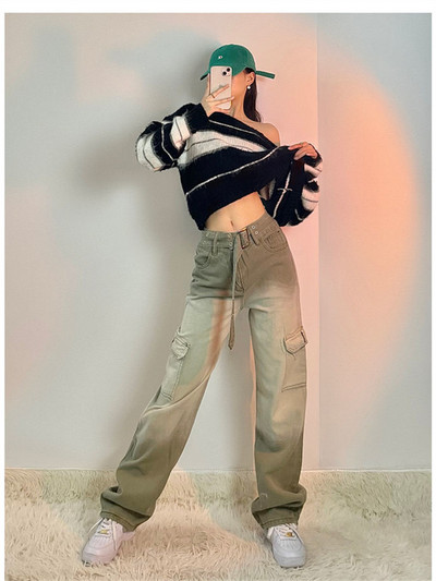 Hlače širokih nogavica Ženske traperice Jesenske traper hlače s visokim strukom Ravne nogavice Jesen 2022. Ležerna odjeća u ulici Gradient zelene hlače