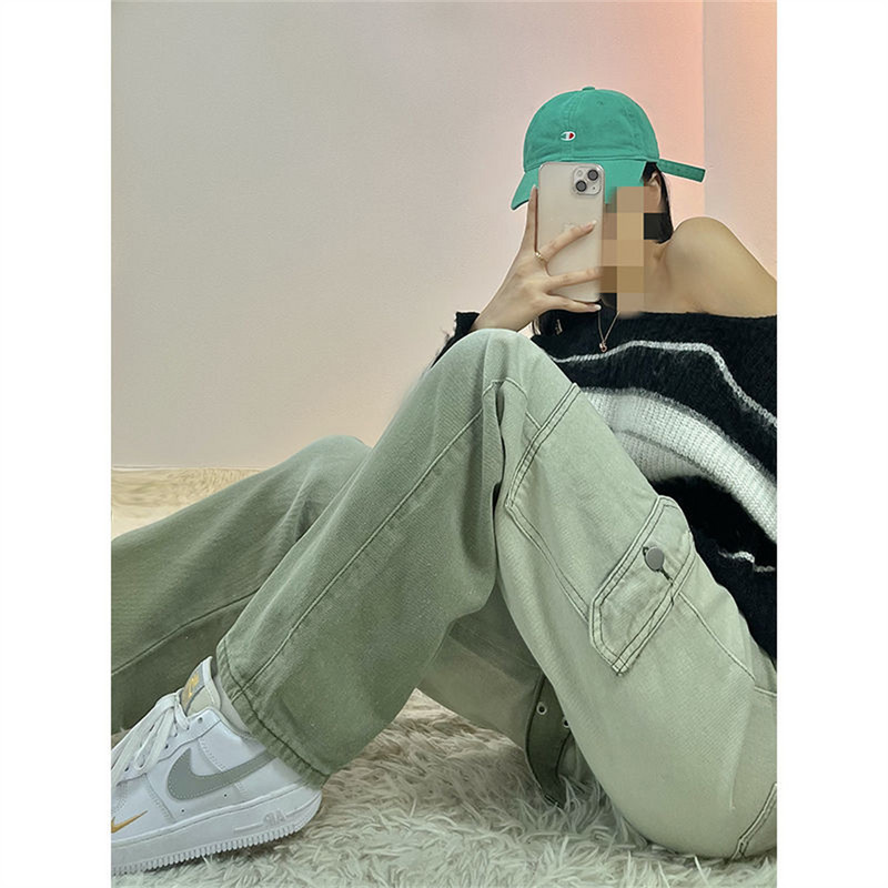 Hlače širokih nogavica Ženske traperice Jesenske traper hlače s visokim strukom Ravne nogavice Jesen 2022. Ležerna odjeća u ulici Gradient zelene hlače