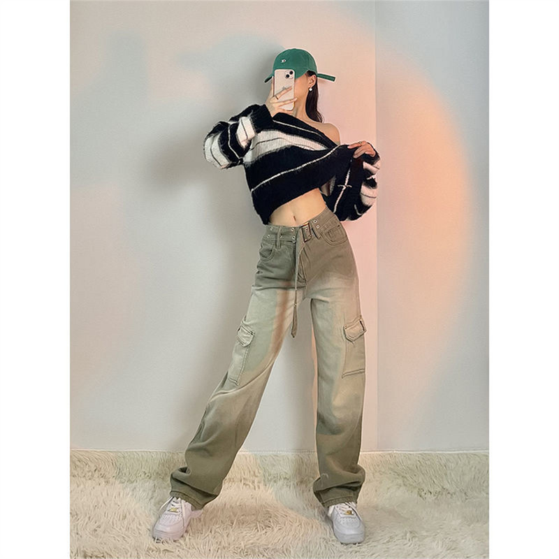 Hlače širokih nogavica Ženske traperice Jesenske traper hlače s visokim strukom Ravne nogavice Jesen 2022. Ležerna odjeća u ulici Gradient zelene hlače