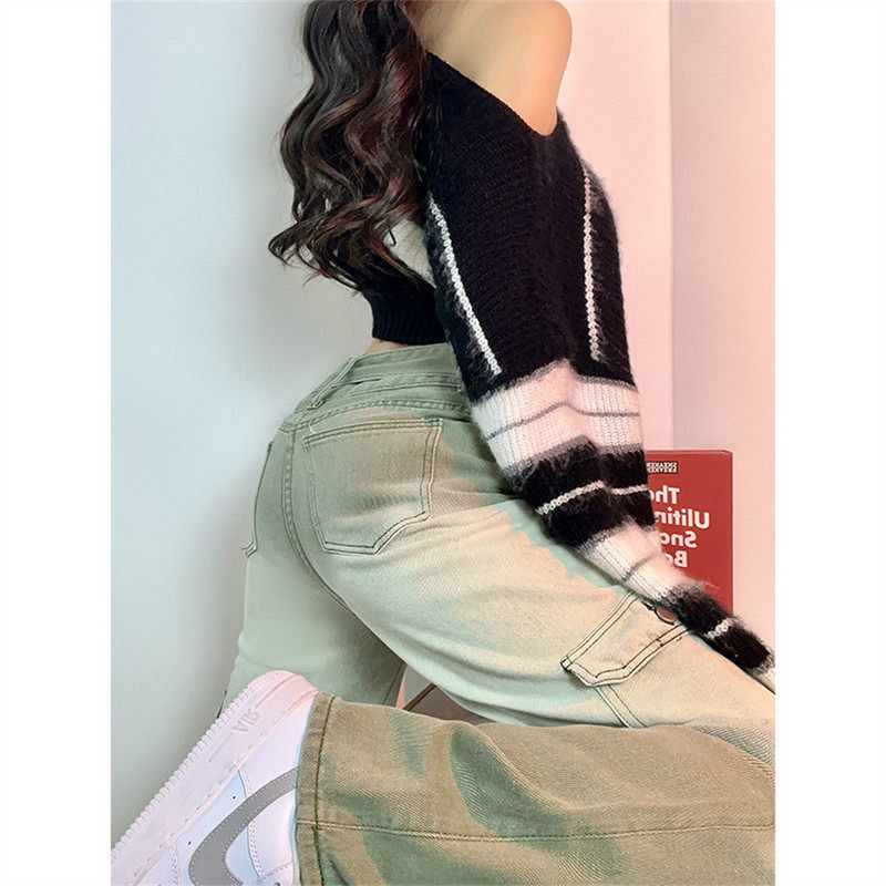 Hlače širokih nogavica Ženske traperice Jesenske traper hlače s visokim strukom Ravne nogavice Jesen 2022. Ležerna odjeća u ulici Gradient zelene hlače