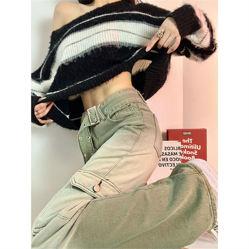 Hlače širokih nogavica Ženske traperice Jesenske traper hlače s visokim strukom Ravne nogavice Jesen 2022. Ležerna odjeća u ulici Gradient zelene hlače