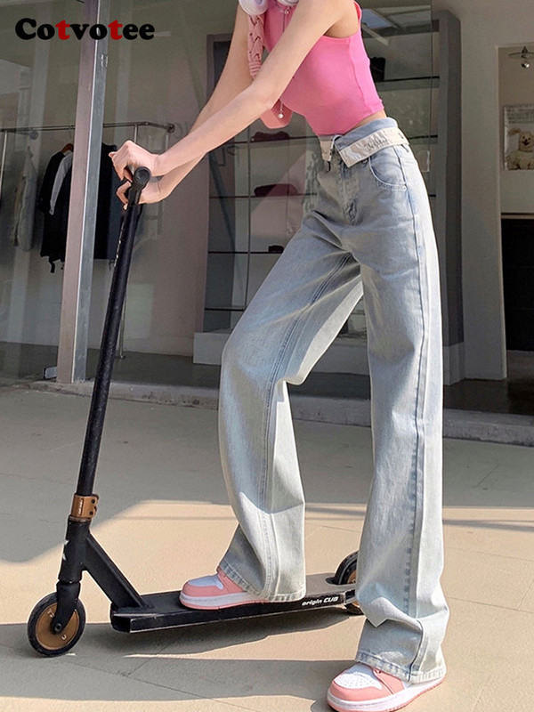 Cotvotee Ženske traperice visokog struka 2023. Nove modne vintage traperice s manžetama Ženske ulične ravne traperice širokih nogavica pune dužine