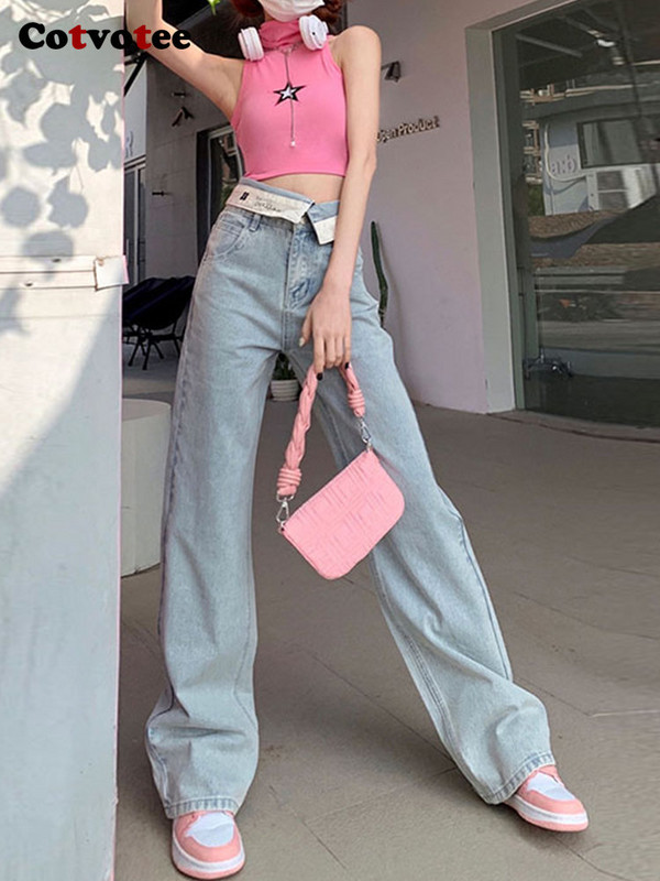 Cotvotee Ženske traperice visokog struka 2023. Nove modne vintage traperice s manžetama Ženske ulične ravne traperice širokih nogavica pune dužine