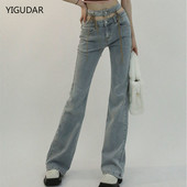 Μπλε γραβάτα Waist Flare τζιν Γυναικεία στενά τζιν παντελόνια Vintage ρούχα άνοιξη 2022 Παντελόνι ψηλόμεσης ζώνης ελαστικό φαρδύ τζιν