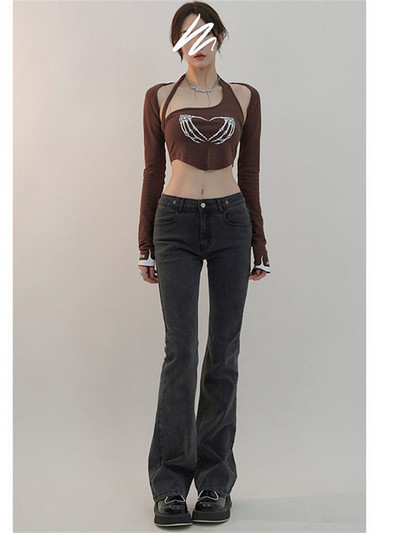 Μπλε γραβάτα Waist Flare τζιν Γυναικεία στενά τζιν παντελόνια Vintage ρούχα άνοιξη 2022 Παντελόνι ψηλόμεσης ζώνης ελαστικό φαρδύ τζιν