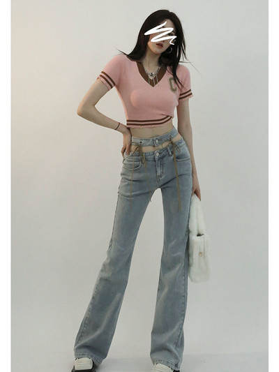 Μπλε γραβάτα Waist Flare τζιν Γυναικεία στενά τζιν παντελόνια Vintage ρούχα άνοιξη 2022 Παντελόνι ψηλόμεσης ζώνης ελαστικό φαρδύ τζιν