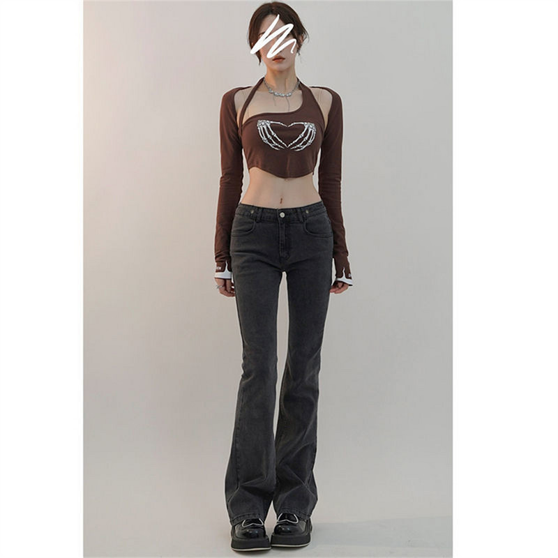 Μπλε γραβάτα Waist Flare τζιν Γυναικεία στενά τζιν παντελόνια Vintage ρούχα άνοιξη 2022 Παντελόνι ψηλόμεσης ζώνης ελαστικό φαρδύ τζιν