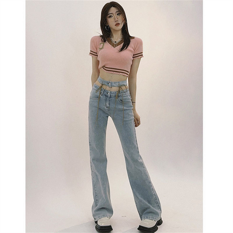 Μπλε γραβάτα Waist Flare τζιν Γυναικεία στενά τζιν παντελόνια Vintage ρούχα άνοιξη 2022 Παντελόνι ψηλόμεσης ζώνης ελαστικό φαρδύ τζιν