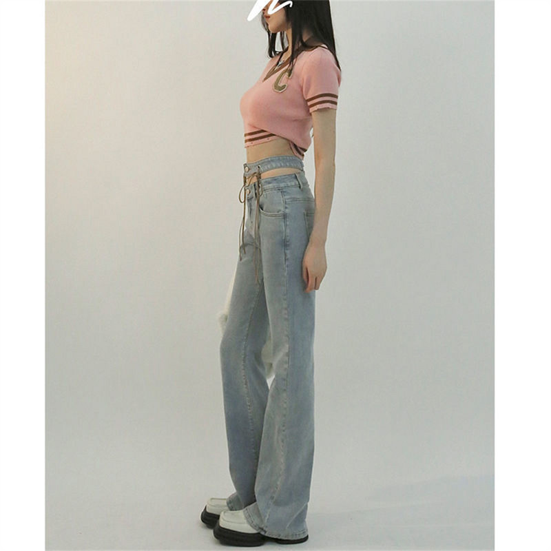 Μπλε γραβάτα Waist Flare τζιν Γυναικεία στενά τζιν παντελόνια Vintage ρούχα άνοιξη 2022 Παντελόνι ψηλόμεσης ζώνης ελαστικό φαρδύ τζιν