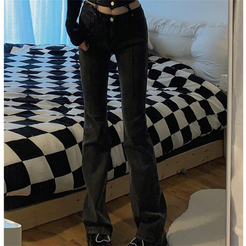 Μπλε γραβάτα Waist Flare τζιν Γυναικεία στενά τζιν παντελόνια Vintage ρούχα άνοιξη 2022 Παντελόνι ψηλόμεσης ζώνης ελαστικό φαρδύ τζιν