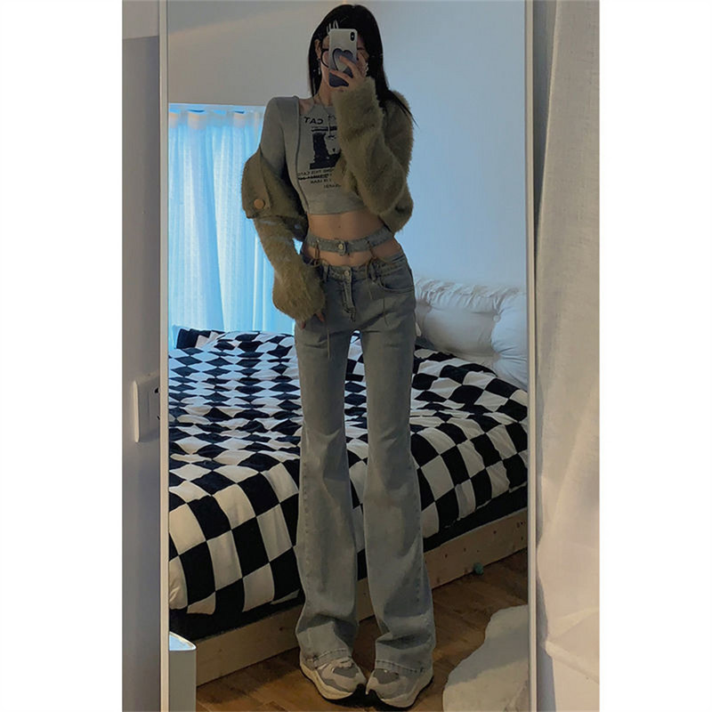 Μπλε γραβάτα Waist Flare τζιν Γυναικεία στενά τζιν παντελόνια Vintage ρούχα άνοιξη 2022 Παντελόνι ψηλόμεσης ζώνης ελαστικό φαρδύ τζιν