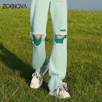 ZOENOVA 2023 Loose Straight Cut Torn Slim Fit Fashion Color Series Ripped Wide Leg Streetwear Hotsweet More Than A Pocket Pants