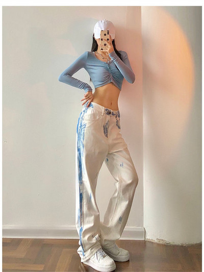 Lipsuvärvi prindiga naiste kõrge vöökohaga laia säärega teksad, naiste vaba vabaaja tänavarõivad 2022 suvepüksid põhjapüksid püksid Vintage Y2K teksad