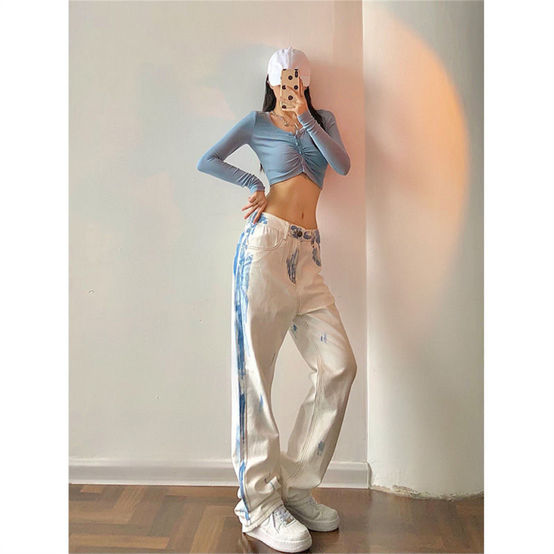 Lipsuvärvi prindiga naiste kõrge vöökohaga laia säärega teksad, naiste vaba vabaaja tänavarõivad 2022 suvepüksid põhjapüksid püksid Vintage Y2K teksad