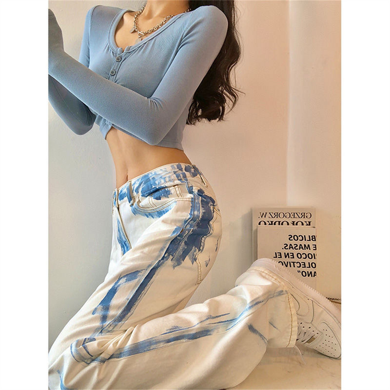 Lipsuvärvi prindiga naiste kõrge vöökohaga laia säärega teksad, naiste vaba vabaaja tänavarõivad 2022 suvepüksid põhjapüksid püksid Vintage Y2K teksad