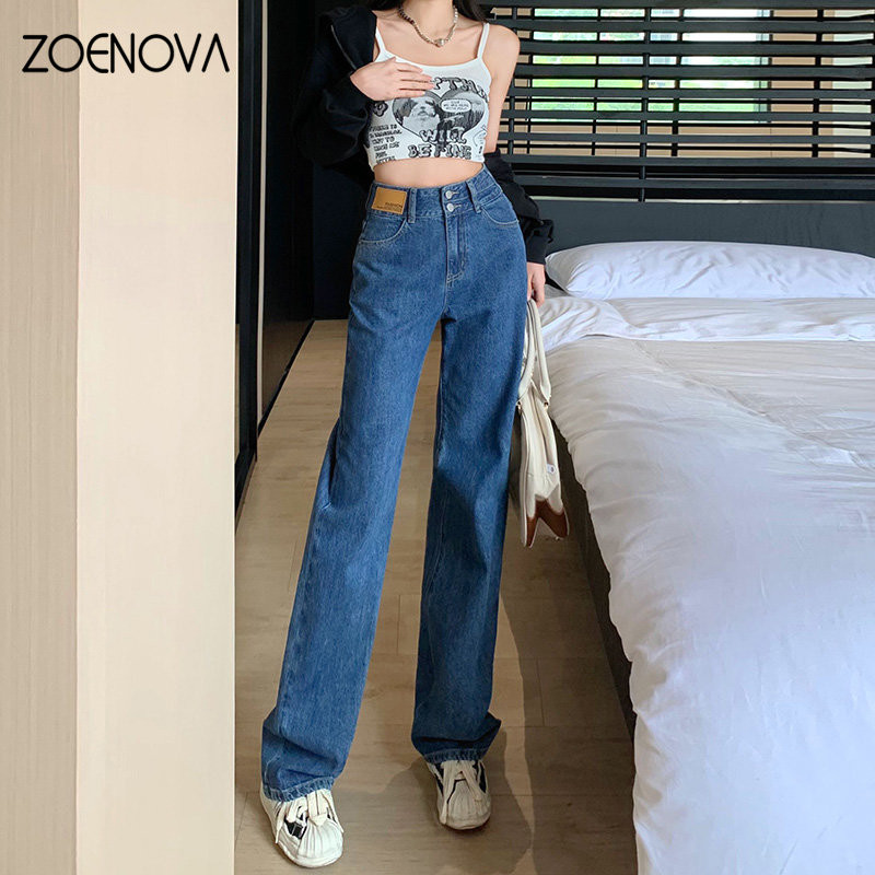 ZOENOVA Γυναικείο 2023 Νέο Καλοκαίρι Ψηλόμεσο Παντελόνι με Διπλό Κουμπί Μόδα Σχέδιο Δερμάτινο μπάλωμα Χαλαρό σφουγγάρισμα Μακρύ Φαρδύ τζιν