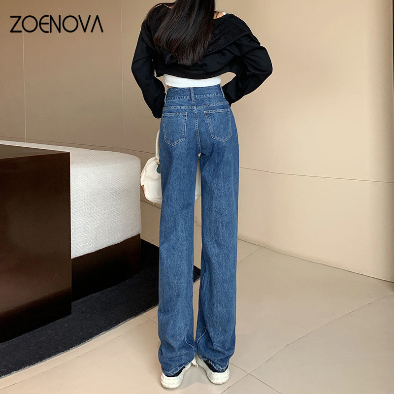 ZOENOVA Γυναικείο 2023 Νέο Καλοκαίρι Ψηλόμεσο Παντελόνι με Διπλό Κουμπί Μόδα Σχέδιο Δερμάτινο μπάλωμα Χαλαρό σφουγγάρισμα Μακρύ Φαρδύ τζιν