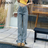 ZOENOVA Vintage μπλε πόδια χωρισμένα φαρδιά τζιν φαρδιά πλαϊνή τσέπη με κουμπί με φερμουάρ Σχέδιο ελαστικό ίσιο τζιν τζιν High Street Style