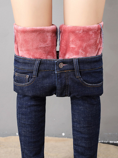 Χειμερινό ψηλόμεσο γυναικείο τζιν Χοντρό ζεστό ελαστικό στενό μολύβι παντελόνι Γυναικείο απλό casual μαύρο παντελόνι