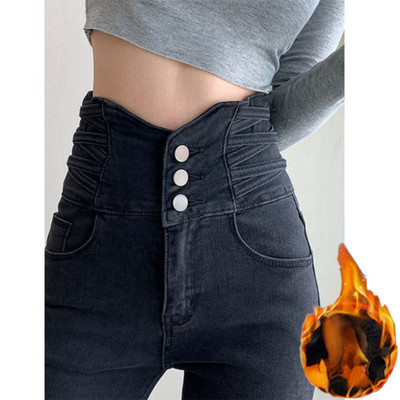 Zimske debele baršunaste ženske traperice visokog struka uske traperice jednostavne flis tople uske rastezljive ženske ležerne traper hlače