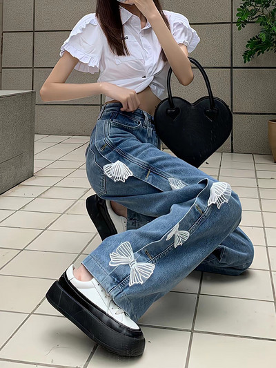 Kawaii Casual Γλυκό ψηλόμεσο φιόγκο με δαντέλα Φαρδύ ίσιο τζιν παντελόνι Y2k Νέα κορεάτικη μόδα Harajuku Streetwear Φαρδύ παντελόνι