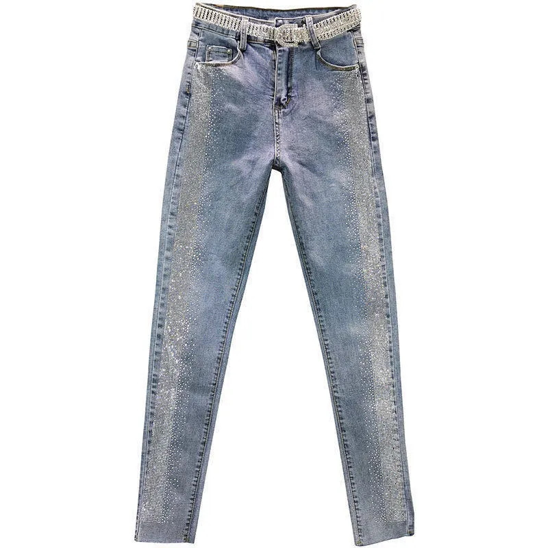 Ανοιξιάτικο φθινόπωρο Streetwear Γυναικείο Μολύβι Παντελόνι 5XL Vintage Μπλε Slim Διαμάντια Ψηλόμεση Τζιν παντελόνι τζιν casual μέχρι τον αστράγαλο