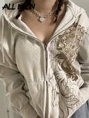 ALLNeon Y2K Fairy Grunge Floral Print Zip Up Χακί Hoodies Retro 90s Aesthetics Τσέπες Μπροστινά Μακρυμάνικα Υπερμεγέθη μπουφάν Νέα