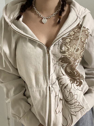 ALLNeon Y2K Fairy Grunge Floral Print Zip Up Χακί Hoodies Retro 90s Aesthetics Τσέπες Μπροστινά Μακρυμάνικα Υπερμεγέθη μπουφάν Νέα