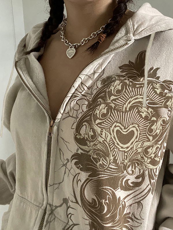 ALLNeon Y2K Fairy Grunge Floral Print Zip Up Χακί Hoodies Retro 90s Aesthetics Τσέπες Μπροστινά Μακρυμάνικα Υπερμεγέθη μπουφάν Νέα