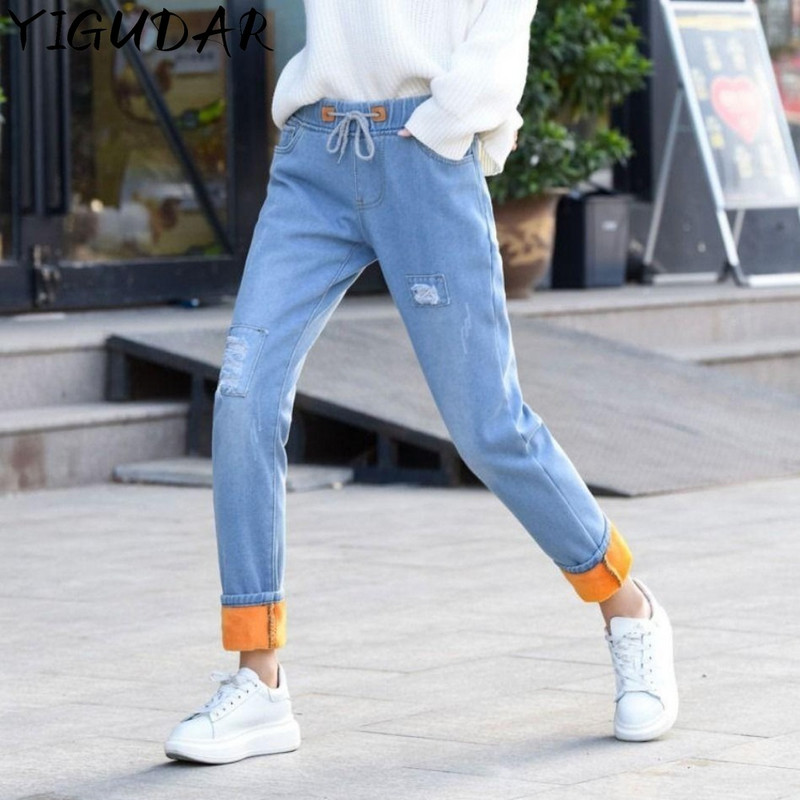 Tople traperice Zima 2023. Nove baršunaste debele traperice Ravne hlače s elastičnim visokim strukom Ženske pantalone Široke traper hlače od flisa Ženske