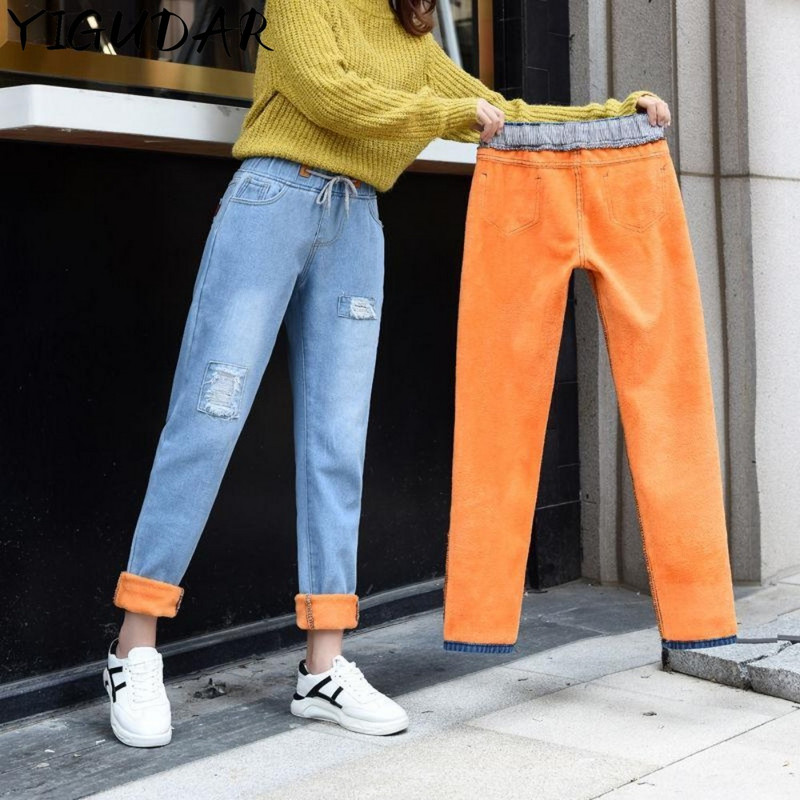 Tople traperice Zima 2023. Nove baršunaste debele traperice Ravne hlače s elastičnim visokim strukom Ženske pantalone Široke traper hlače od flisa Ženske