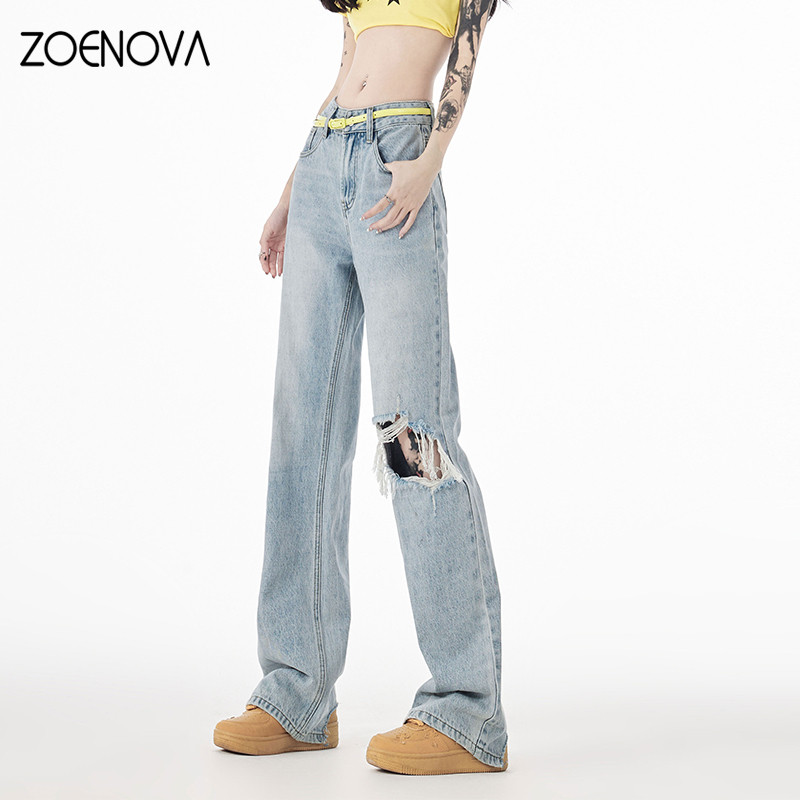ZOENOVA Američke retro ljetne tanke traperice ravnih nogavica s labavim zastorom visokog struka, uske traperice širokih nogavica Umjetnički high street stil
