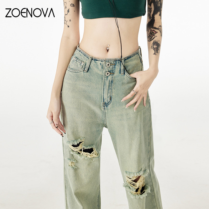 ZOENOVA Američke retro ljetne tanke traperice ravnih nogavica s labavim zastorom visokog struka, uske traperice širokih nogavica Umjetnički high street stil