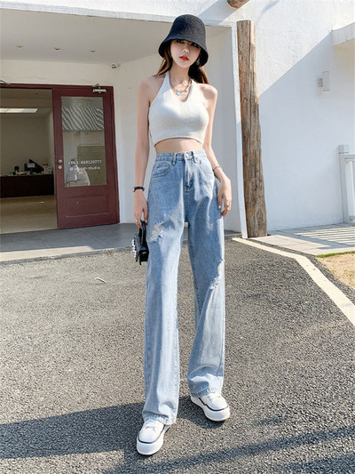 Γυναικείο φαρδύ τζιν 2022 με σκισμένο φαρδύ πόδι για γυναίκες Ψηλόμεση Μπλε Wash Casual βαμβακερό τζιν παντελόνι Καλοκαιρινό φαρδύ τζιν παντελόνι