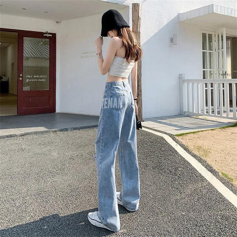 Γυναικείο φαρδύ τζιν 2022 με σκισμένο φαρδύ πόδι για γυναίκες Ψηλόμεση Μπλε Wash Casual βαμβακερό τζιν παντελόνι Καλοκαιρινό φαρδύ τζιν παντελόνι