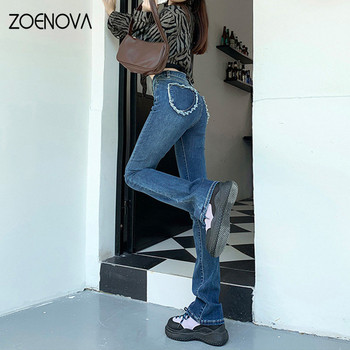 ZOENOVA Loving Appliques Πίσω τσέπη Ακατέργαστο στρίφωμα ψηλόμεσο ίσιο σωλήνα Micro Flare παντελόνι Νέο γυναικείο ίσιο φαρδύ τζιν Y2K