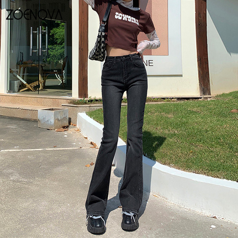 ZOENOVA Loving Appliques Stražnji džepovi Raw Hem Visoki struk Ravne Micro Flare Hlače Nove Y2K ženske ravne traperice širokih nogavica